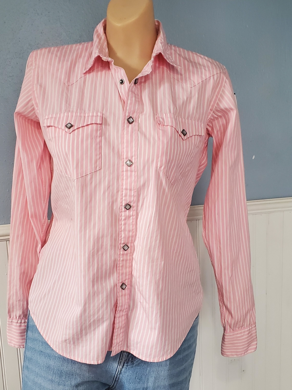 Vintage Ralph Lauren Pink Striped Women's Pearl Snap Up Shirt Sz 8. Western
